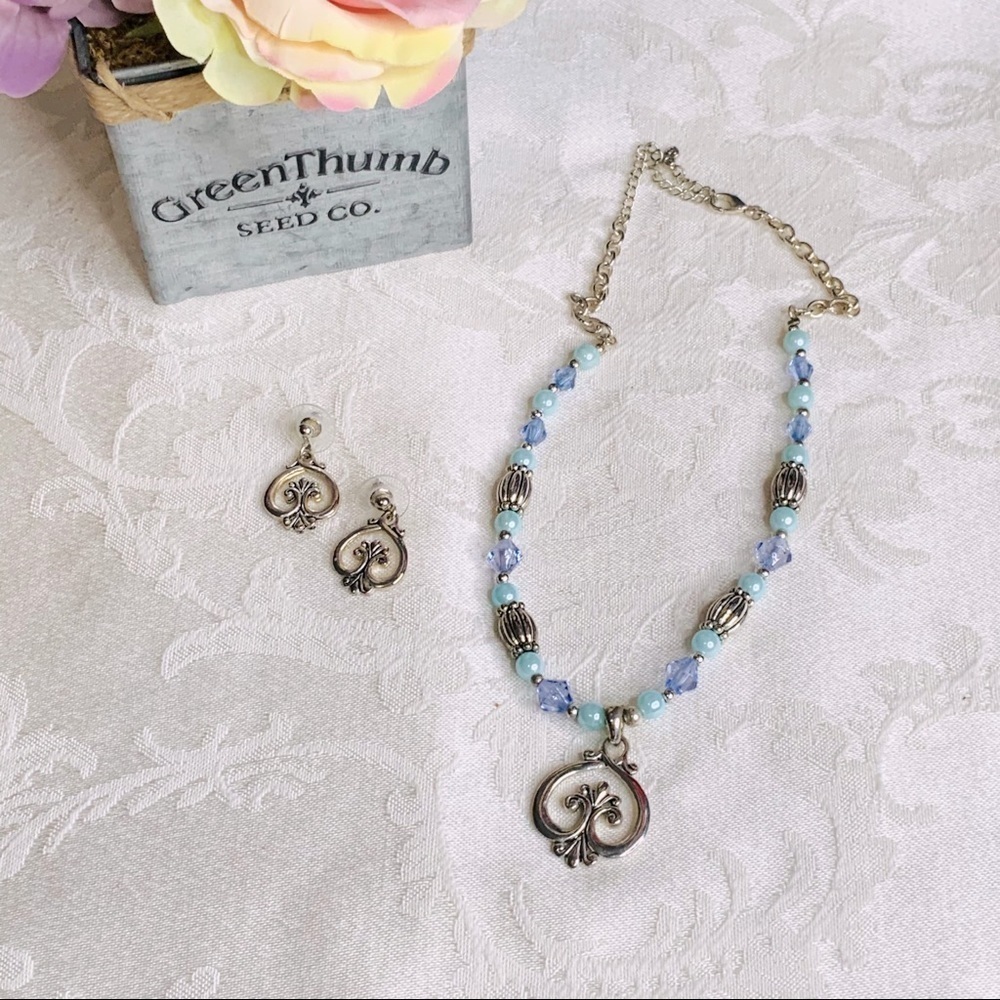 Blue Pearl, Lavender/Silver Bead Heart Necklace 16”-18” & 1” Earrings